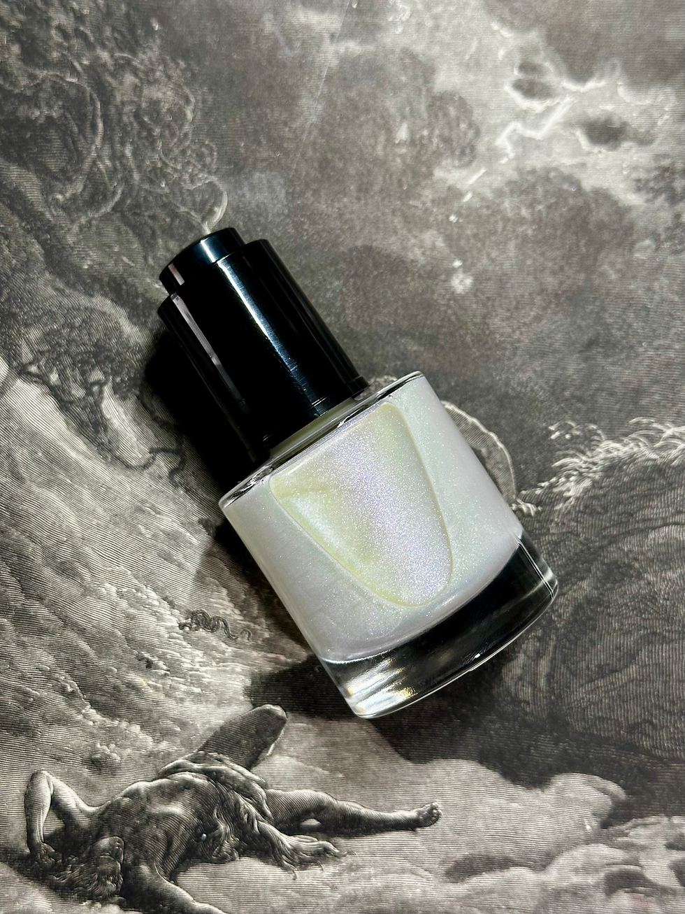 White iridescent nail polish bottle on a textured background.
