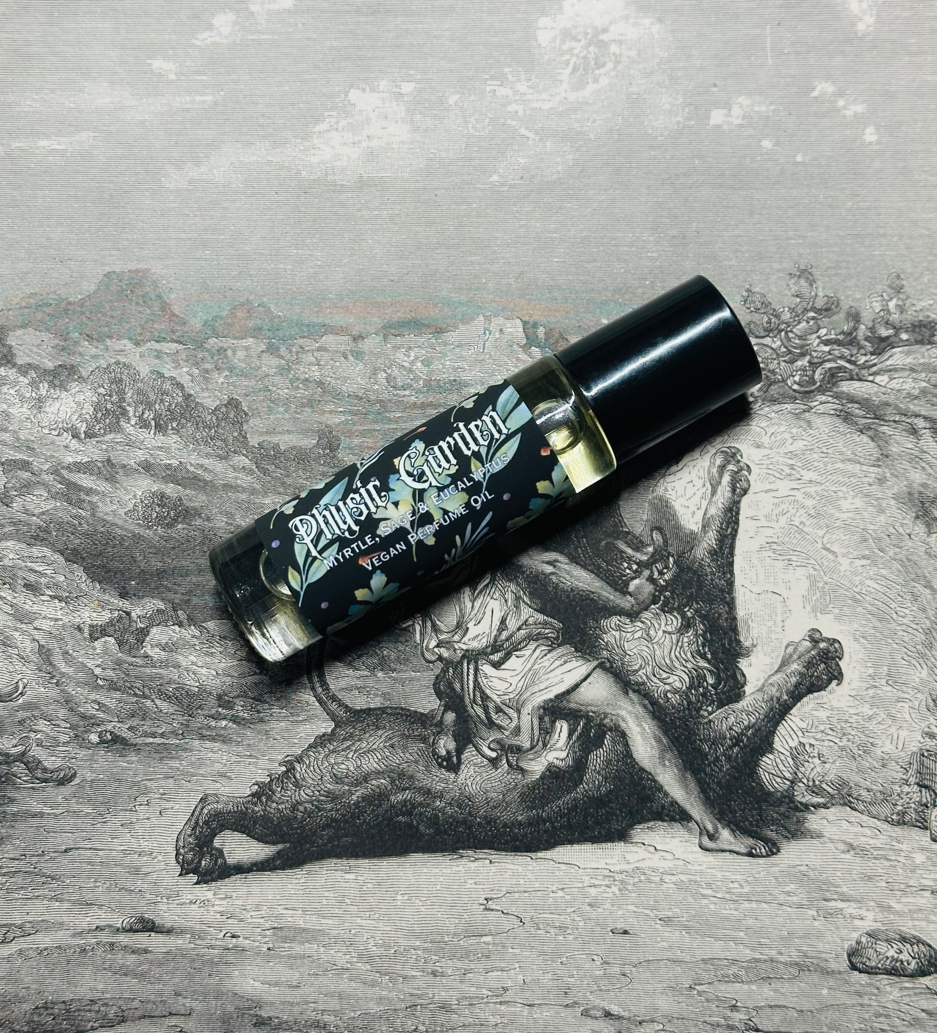 A product shot of a skincare serum with background art.