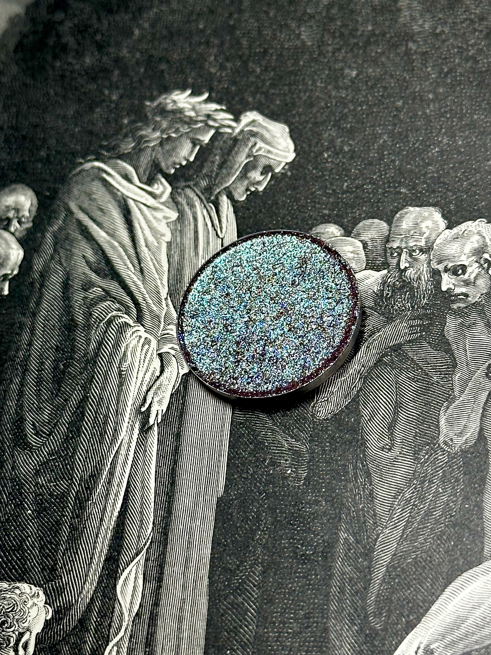 Drawn figures looking at a turquoise eyeshadow pan, Beatrice - Metallic Copper Rusty Gold Pressed Eyeshadow.