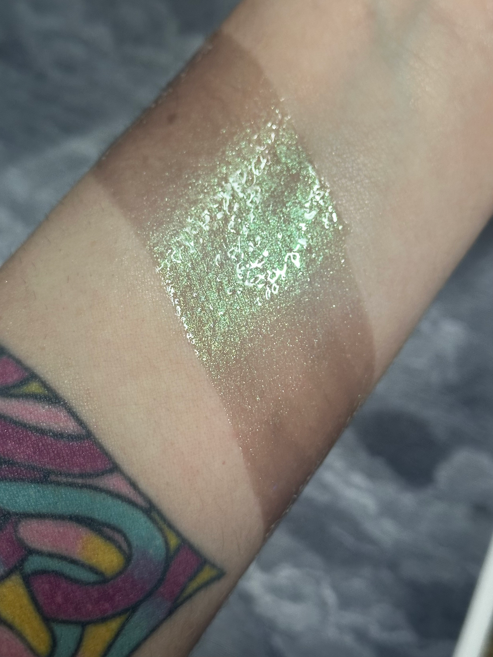 Thumbnail: Swatched eyeshadow on a wrist, showing green and brown metallic colors.