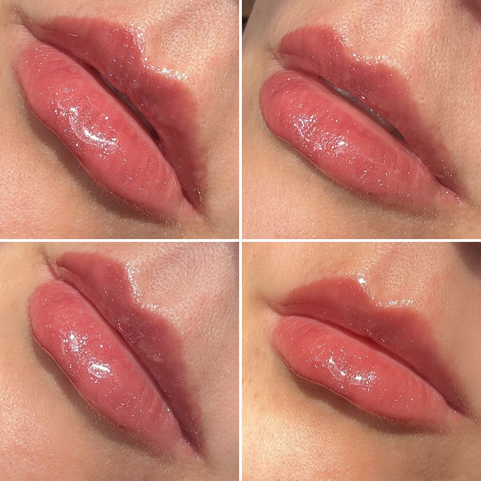 Thumbnail: Four close-up views of glossy pink lips in different positions.