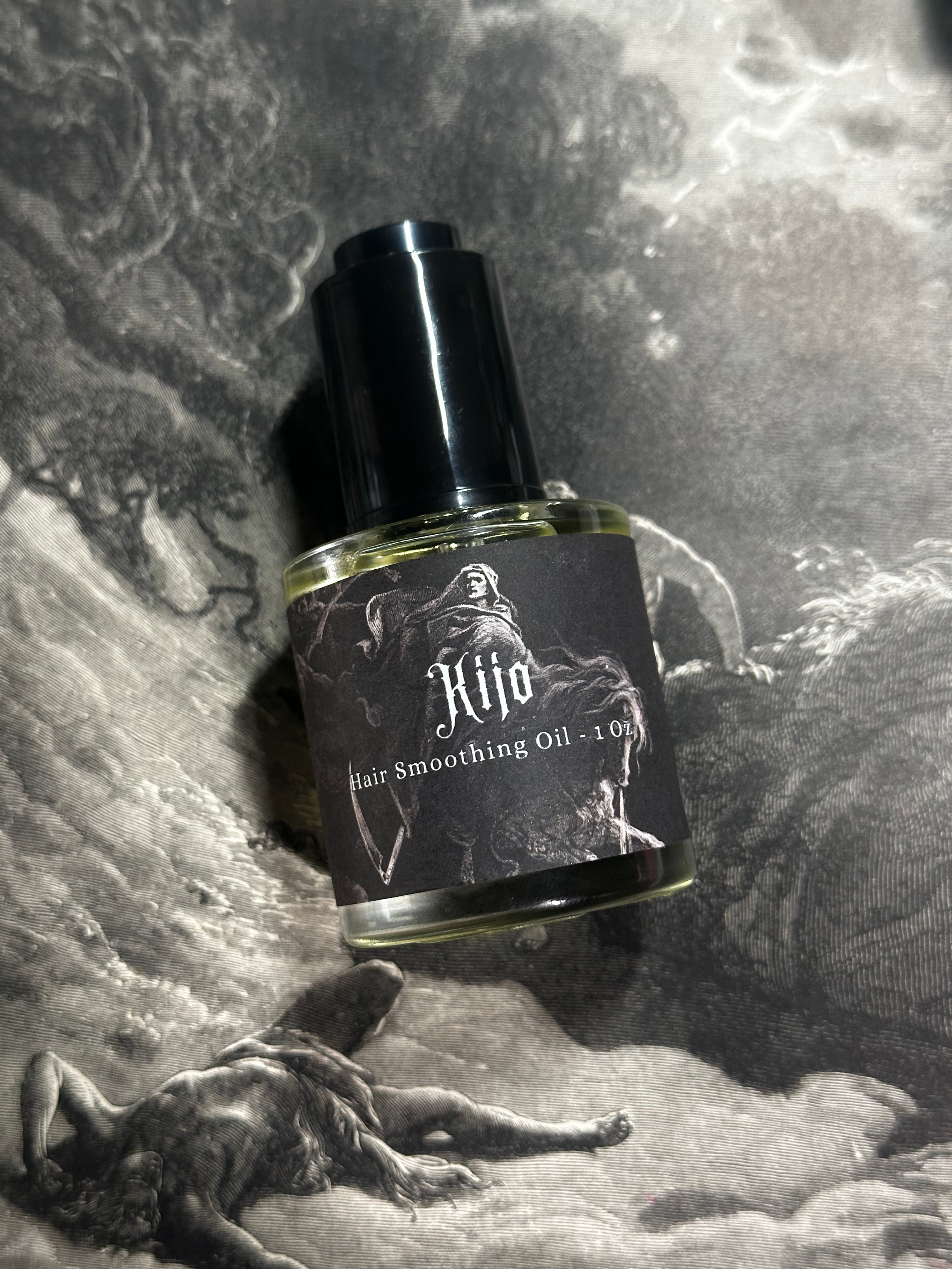 Kijo hair smoothing oil bottle on vintage background, elegant dark design