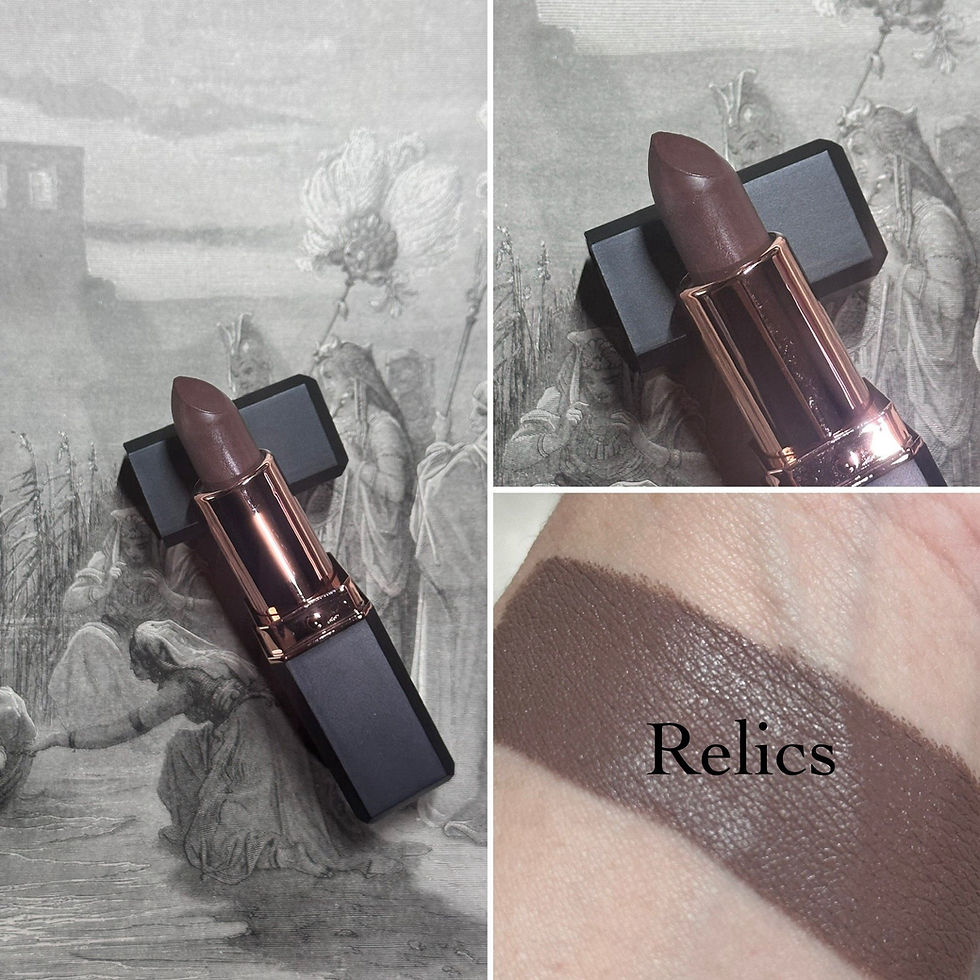 Lipstick with Relics text on swatch and matching case in close-up images.