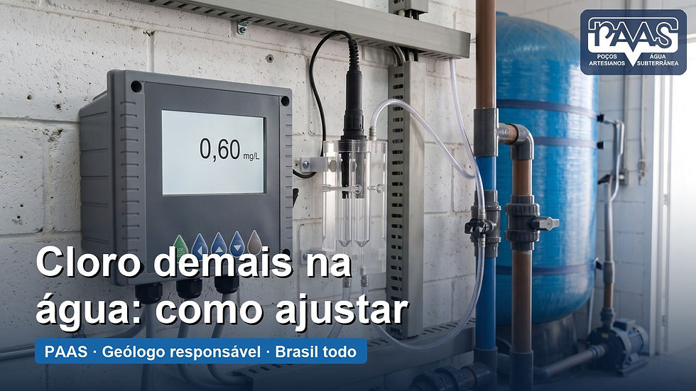 Capa com o texto “Cloro demais na água: como ajustar” sobre foto de um controlador de cloro na casa de máquinas de um condomínio, ao lado do reservatório, com o logotipo da PAAS e a faixa PAAS · Geólogo responsável · Brasil todo