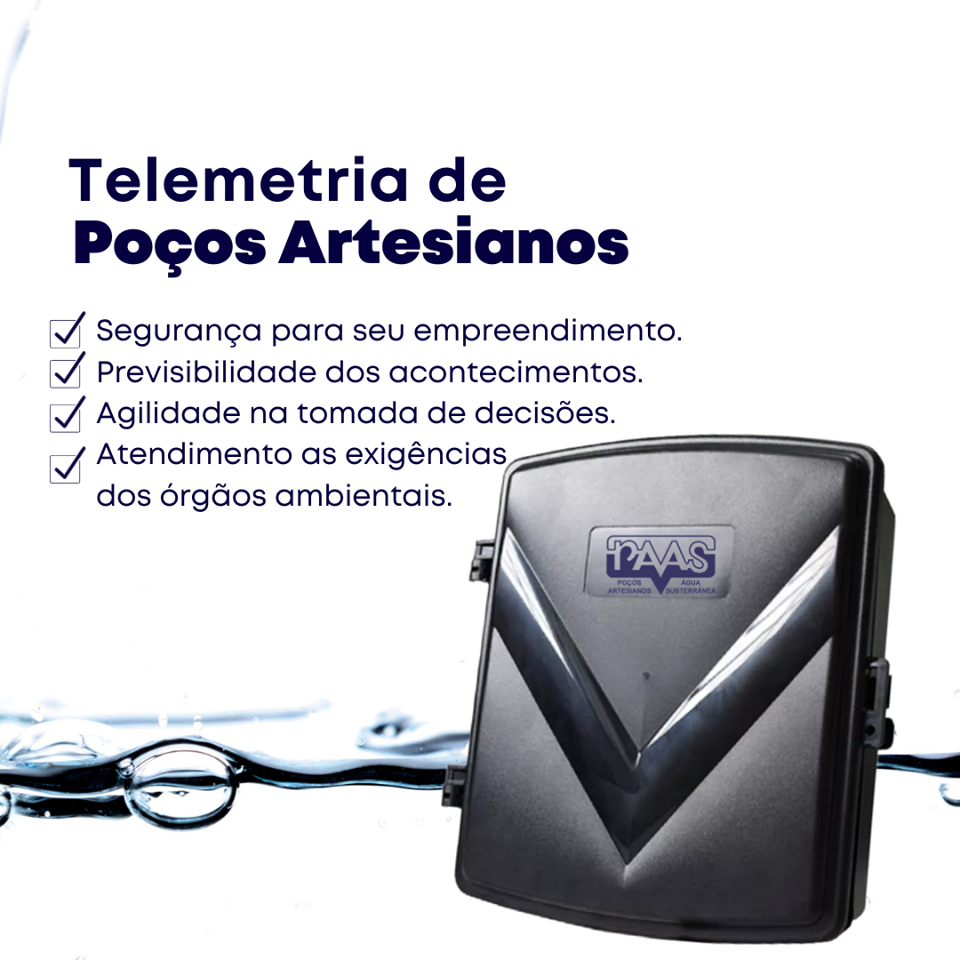 Monitoramento de poço artesiano, nível estático e dinâmico de poço, volume, vazão e horas trabalhadas.
