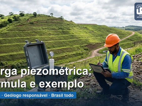 Capa com o texto “Carga piezométrica: fórmula e exemplo” sobre a foto: técnico de capacete e colete anota dados num tablet ao lado de um piezômetro protegido por caixa, no talude em bermas de um aterro sanitário