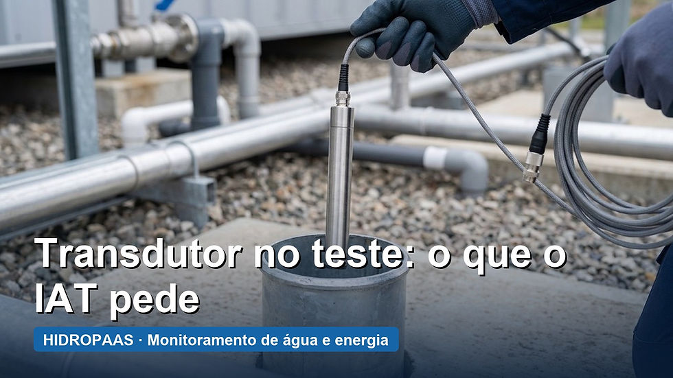 Capa com o texto “Transdutor no teste: o que o IAT pede” sobre a foto: técnico desce o sensor de nível hidrostático dentro do tubo de um poço