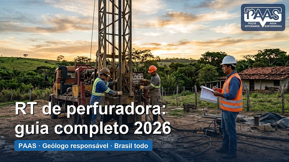 Responsável técnico de perfuração de poço: geólogo com prancheta acompanhando a perfuratriz em obra de poço tubular