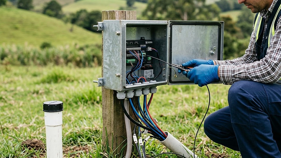 Técnico conecta cabos de piezômetros a um datalogger dentro de uma caixa de proteção fixada em poste, ao lado da boca de um piezômetro