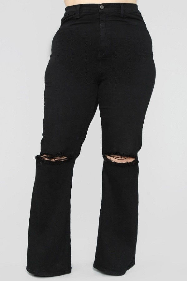 Thumbnail: High Rise Black Over Dyed & Washed w/ Knees Sliced Flare Pants