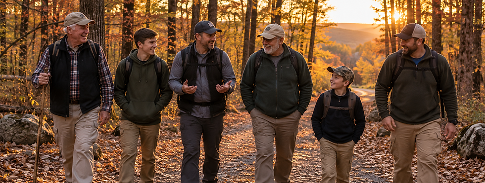 Men of different generations walking together on a wooded trail.