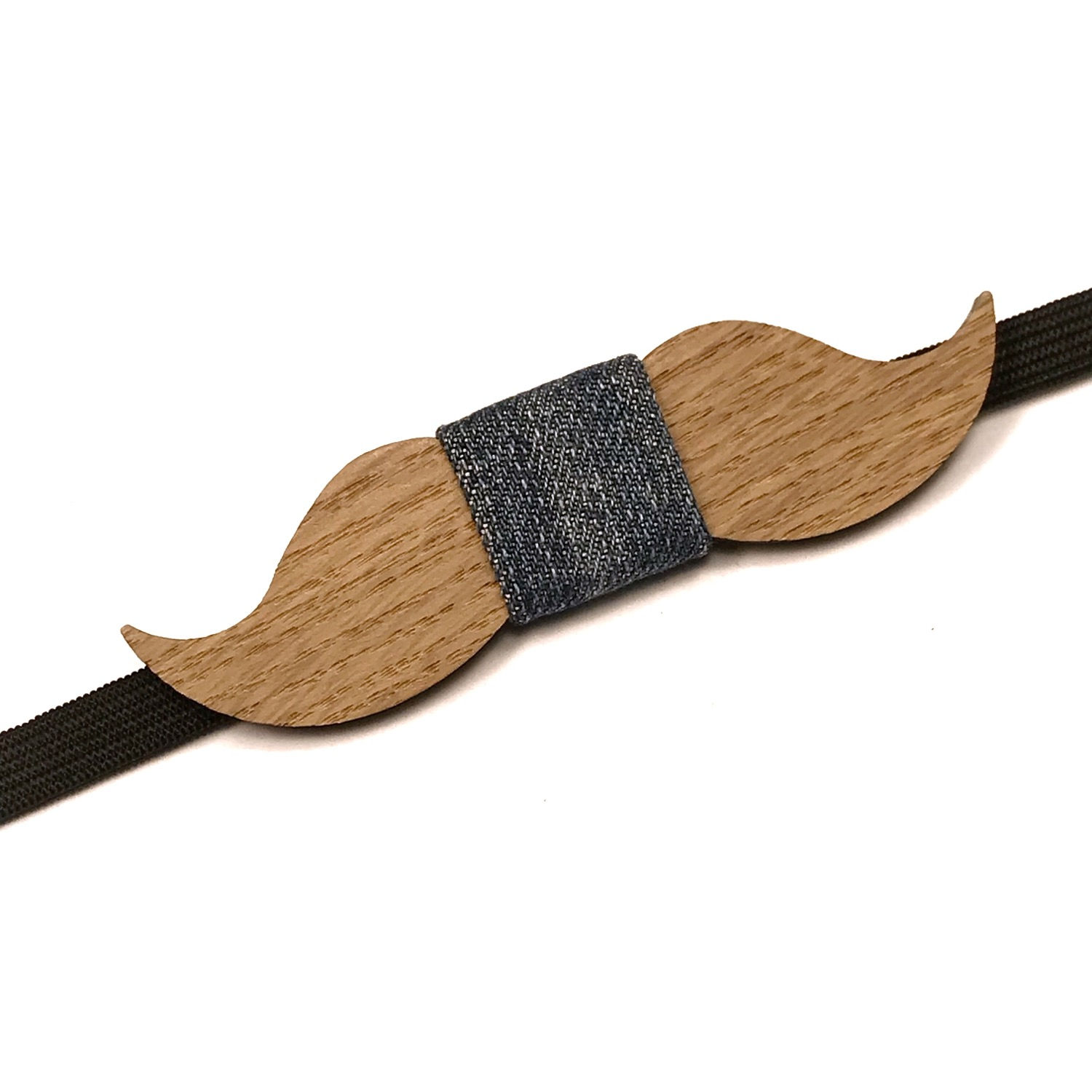 Noeud Papillon Bois Moustache - chêne massif Recyclé et tissu Denim