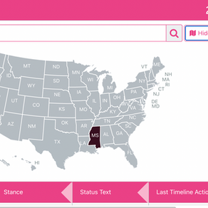 2025 Legislative Tracker. A map of the United States shows Mississippi highlighted. The tracker includes a tab to hide or show the map,  a search bar.  Headings for: "Bill," "Stance," "Status," "Last Timeline Action" "Source Link," "AI Summary" 