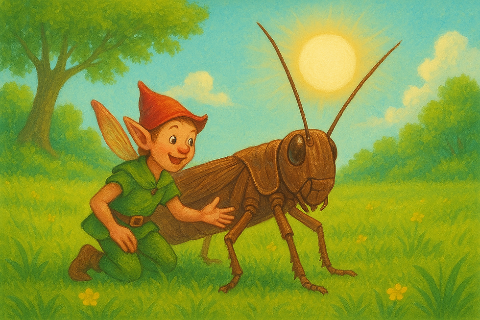 un lutin avec un criquet