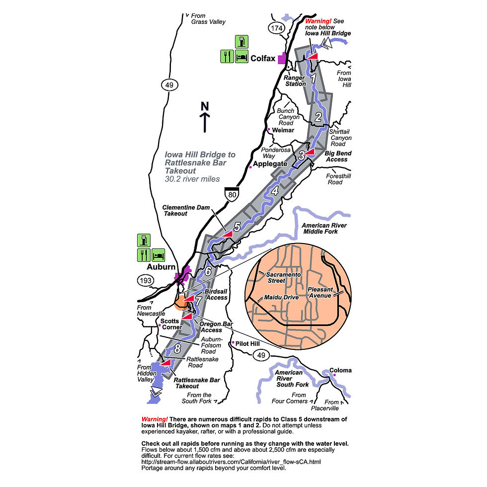 Area map of the American River in California from Troutmap