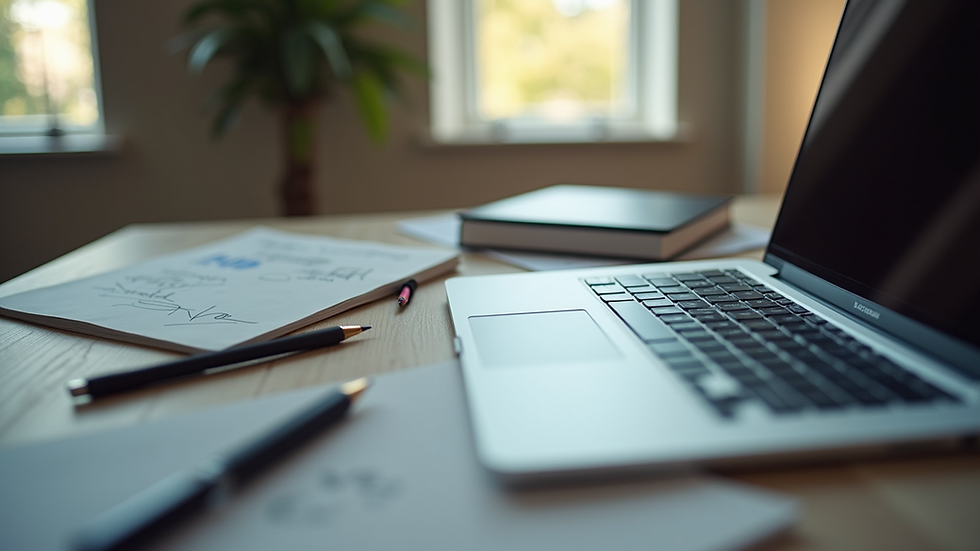 Eye-level view of a modern workspace with a laptop and creative tools
