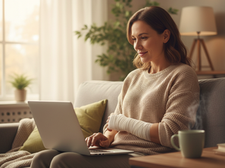 Mulher sentada no sofá de casa usando um notebook para fazer uma simulação previdenciária