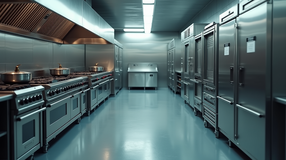 High angle view of a commercial kitchen with ovens, ranges, and refrigeration units