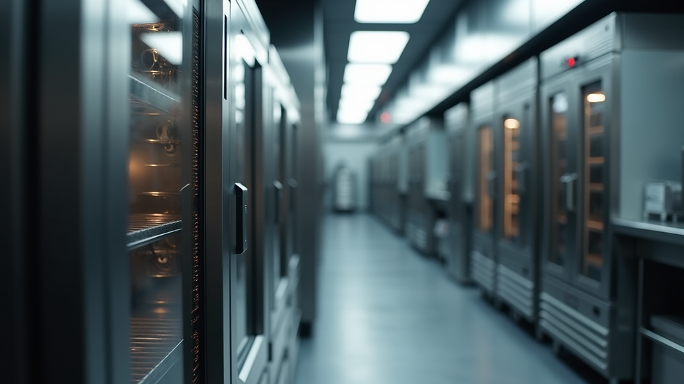 Close-up view of commercial kitchen appliances including ovens and refrigerators
