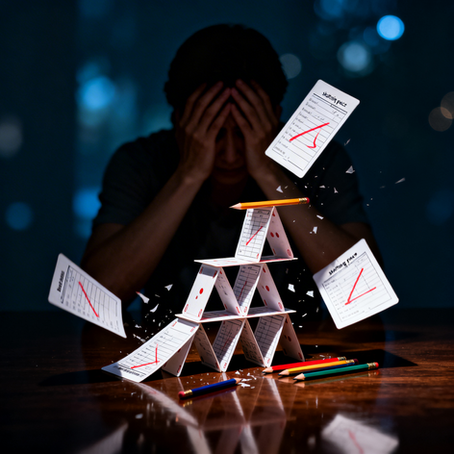 "Metáfora visual do 'custo da paz': uma estrutura frágil de papéis escolares e lápis caindo, simbolizando a instabilidade emocional dos pais diante das notas baixas dos filhos. Estética clean e cinematográfica."