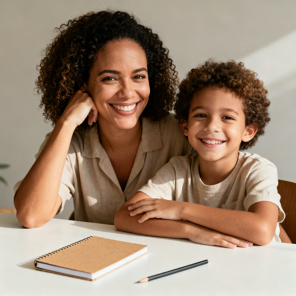 Mulher e criança brasileiras sentadas à mesa em um momento de estudo leve e afetuoso. Elas trocam olhares de cumplicidade e sorrisos em um ambiente doméstico acolhedor com iluminação natural.