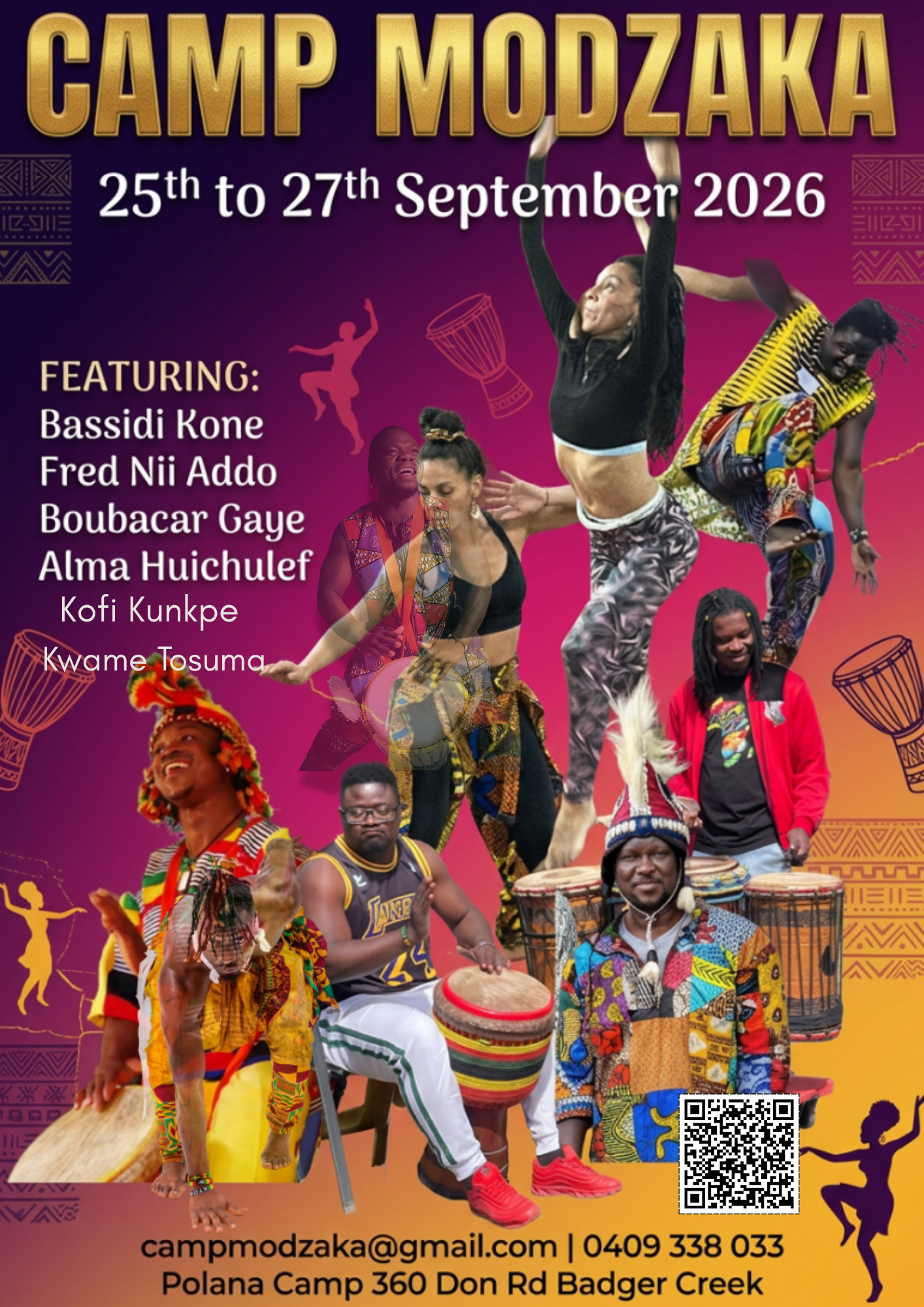 Vibrant African drumming and dance gathering in a lush outdoor setting during Camp Modzaka.