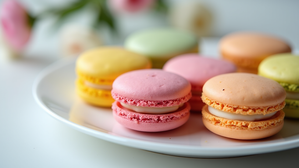 Close-up view of colourful spring macarons arranged on a white plate