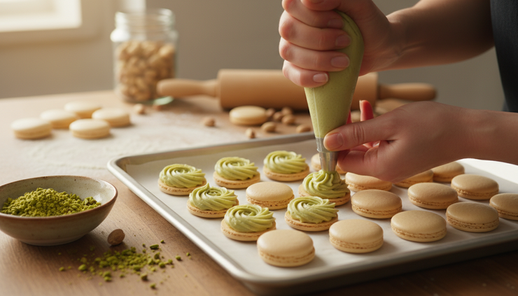 Eye-level view of a baker piping pistachio macaron filling.