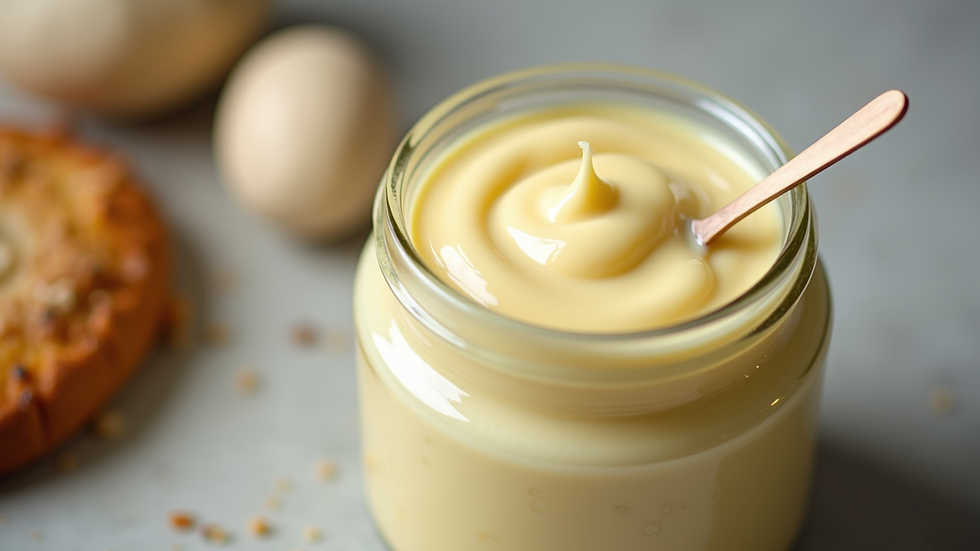 A jar of creamy homemade mayonnaise, with eggs in the background