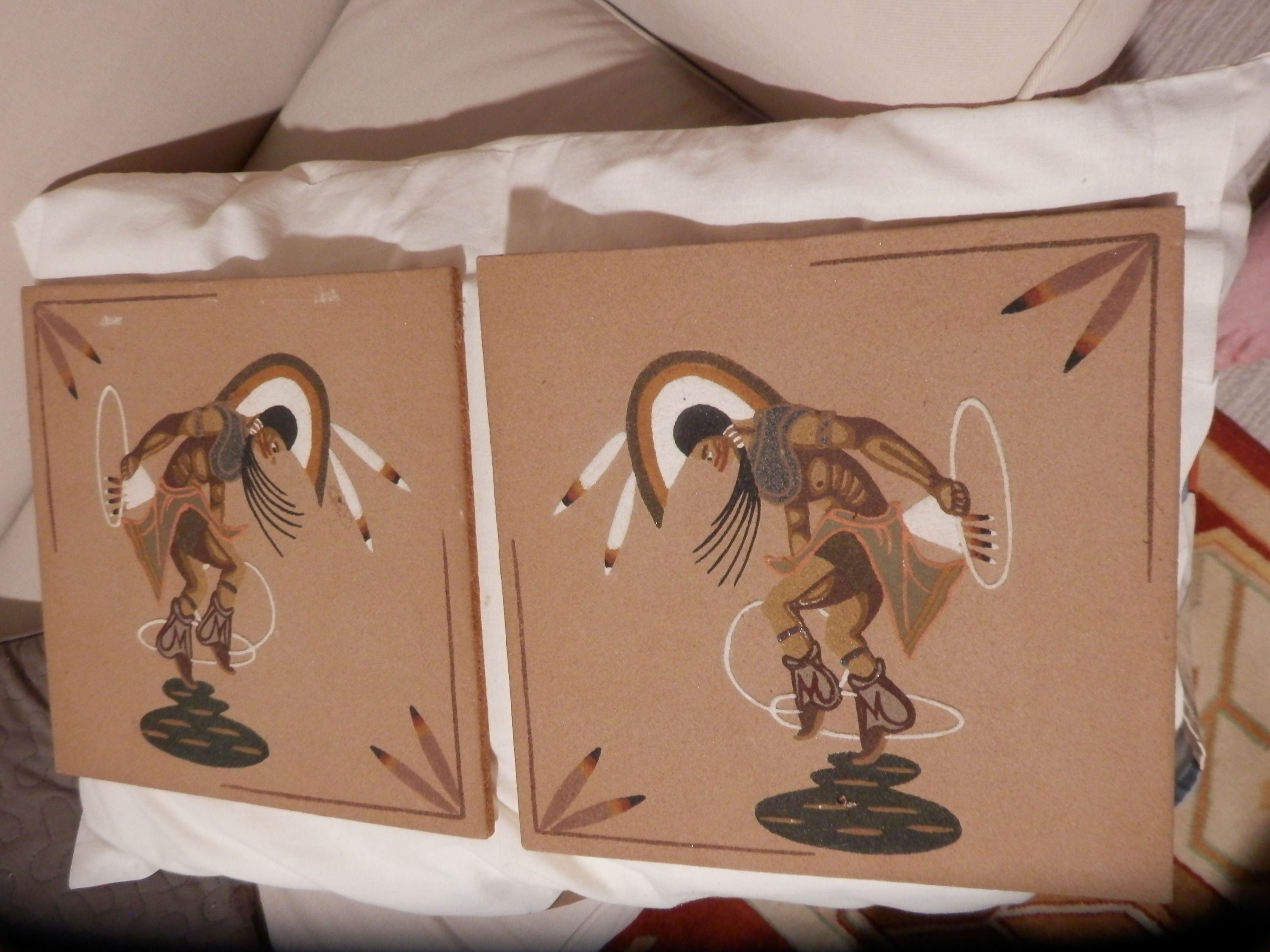Two 12 x 12" Sand Art Navajo Hoop Dancer Art Hangings Signed