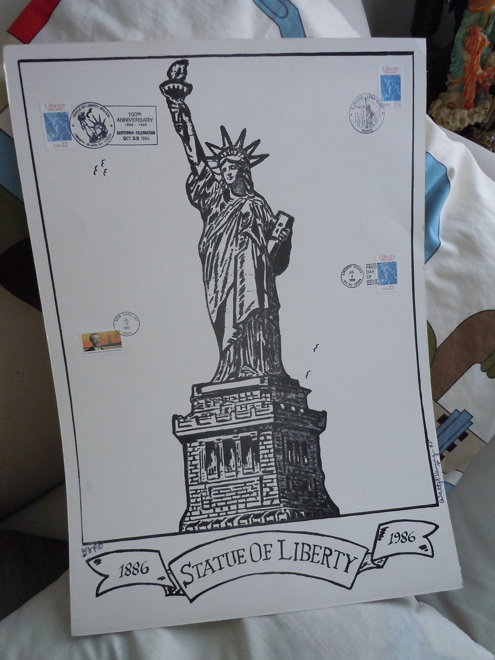 Folk Artish Statue of Liberty 100 Anniversary Poster with Stamps