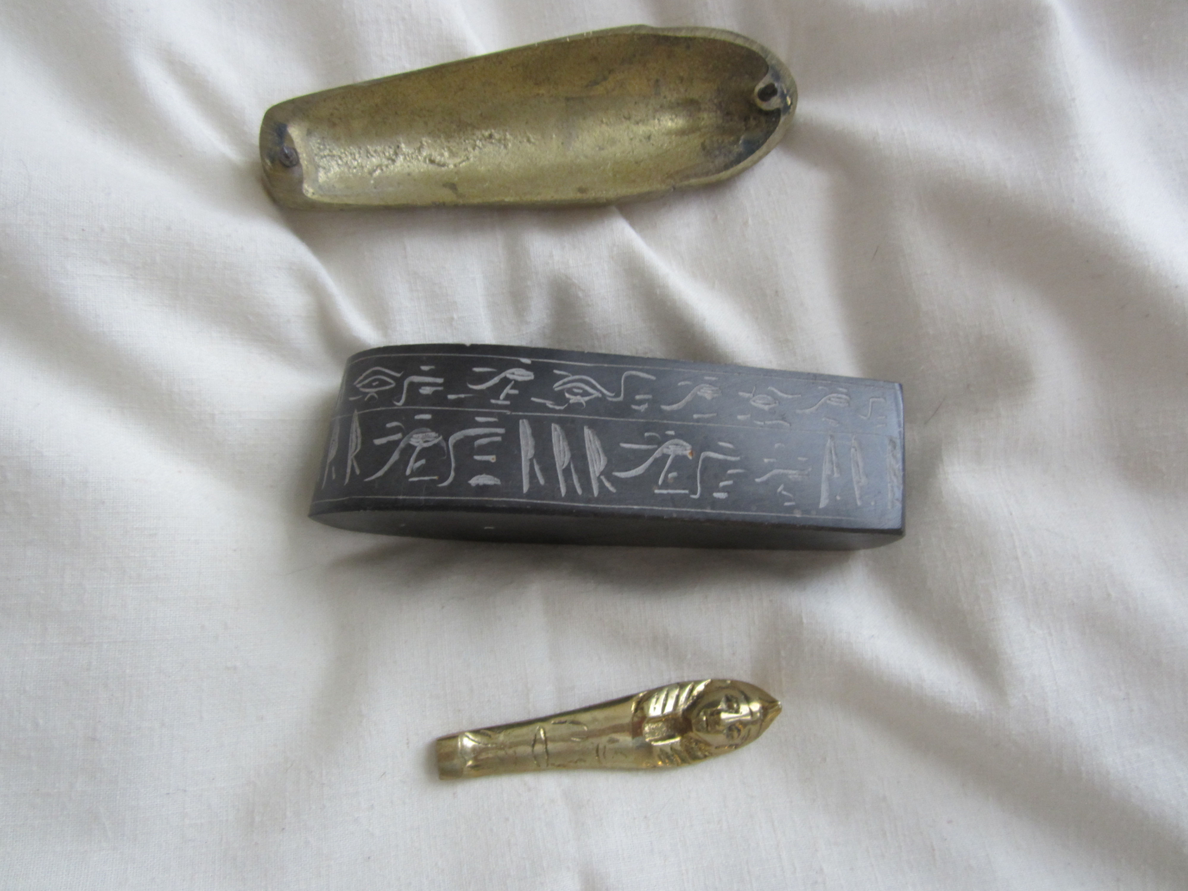 Vintage Brass Mummy Sarcophagus with Stone Base - Egyptian  with Hierogliphs