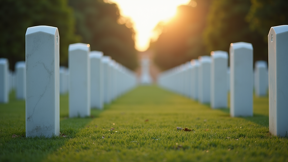 Eye-level view of a serene national cemetery with rows of white headstones