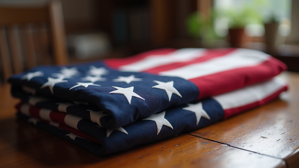 Close-up view of a folded American flag resting on a wooden table