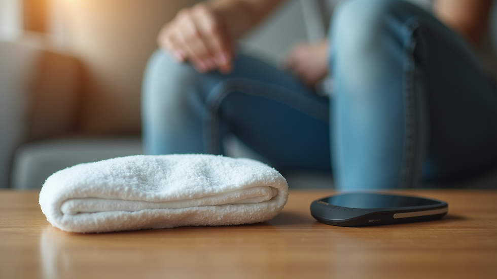 Close-up view of a knee brace and ice pack on a wooden table