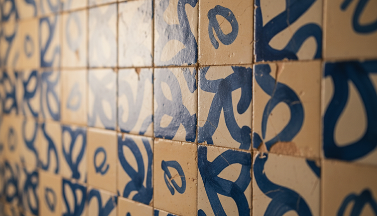 Wide-angle view of a hand-painted ceramic tile wall with irregular patterns