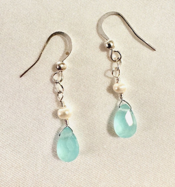 Thumbnail: Aqua chalcedony teardrop & small round freshwater pearl gemstone earrings.