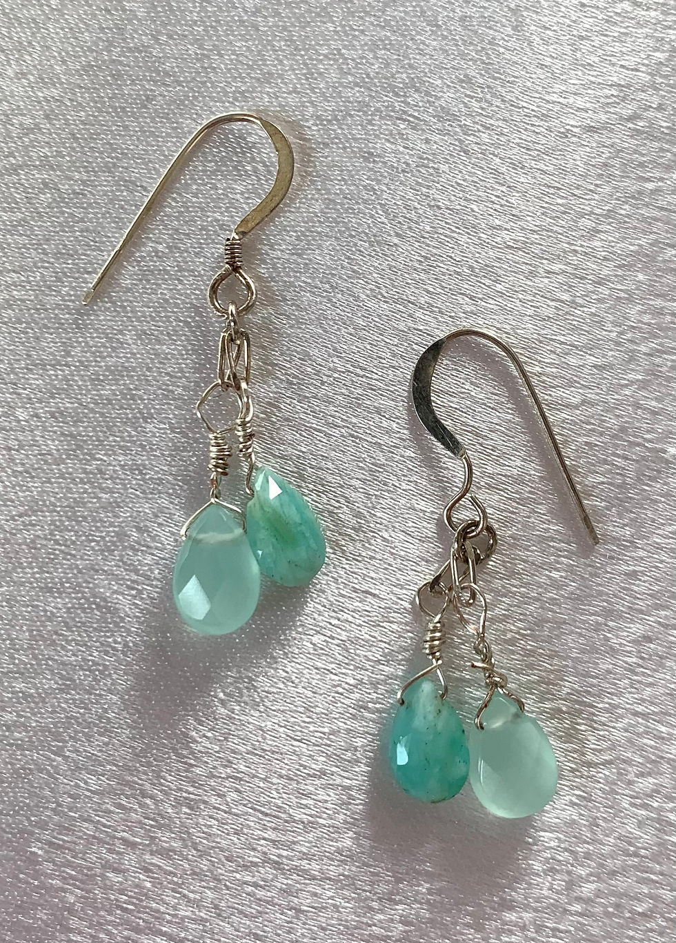 Thumbnail: These handmade gemstone earrings include 2 dangles of Aqua Chalcedony & Amazonite teardrops on sterling silver chain links.