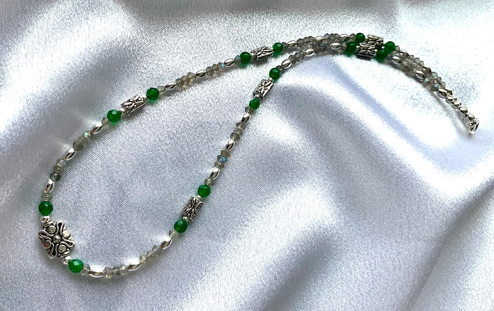 Thumbnail: This handmade gemstone necklace includes a single strand of Green Chalcedony, Labradorite, decorative & silver plated beads.