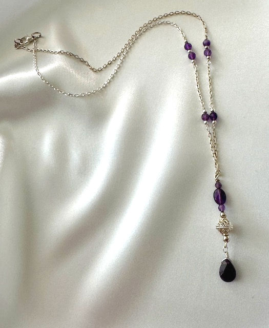 Thumbnail: Amethyst teardrop gemstone necklace with a sterling silver decor bead dangling on sterling silver links & amethyst beads.