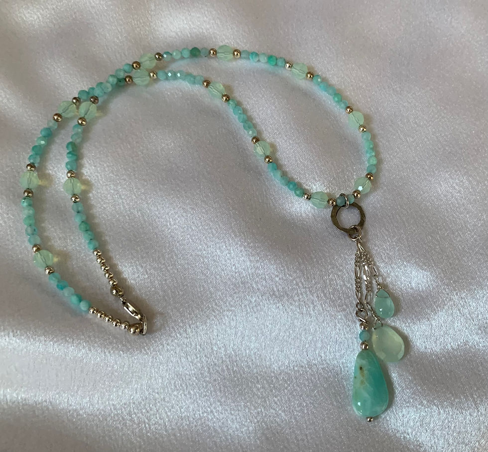 Thumbnail: This handmade gemstone necklace includes Larimar & Green Chalcedony dangles on a strand of Chalcedony & silver plated beads.