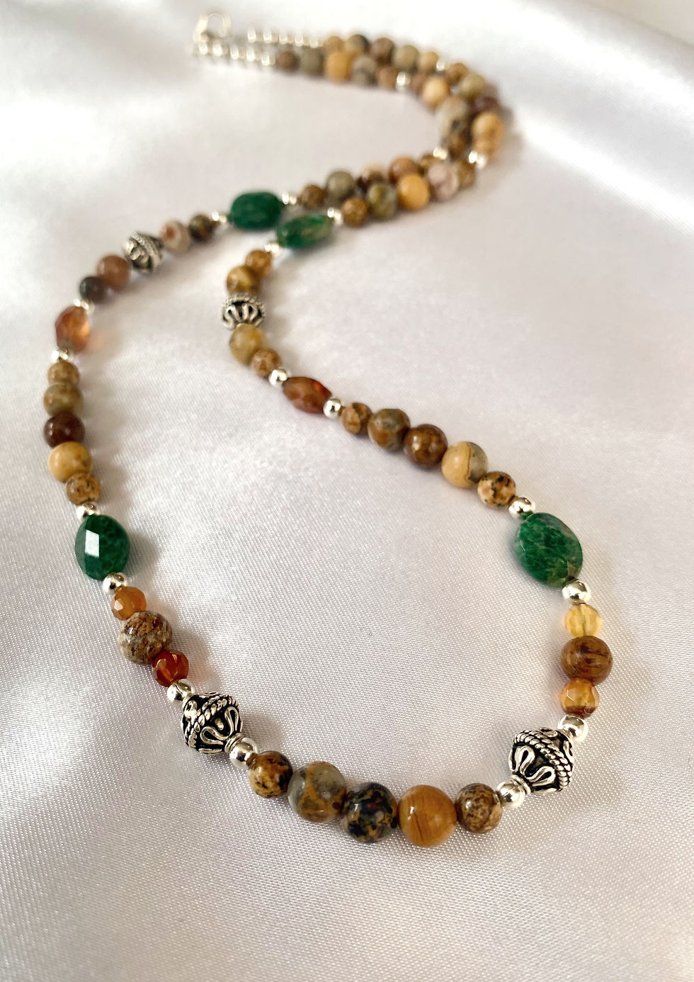 Thumbnail: This handmade gemstone necklace includes Green Garnet, Carnelian Agate & Picture Jasper & silver plated beads.