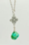 Green Chalcedony gemstone necklace with 2 stones dangling from a silver etched charm hanging on a long sterling silver chain.