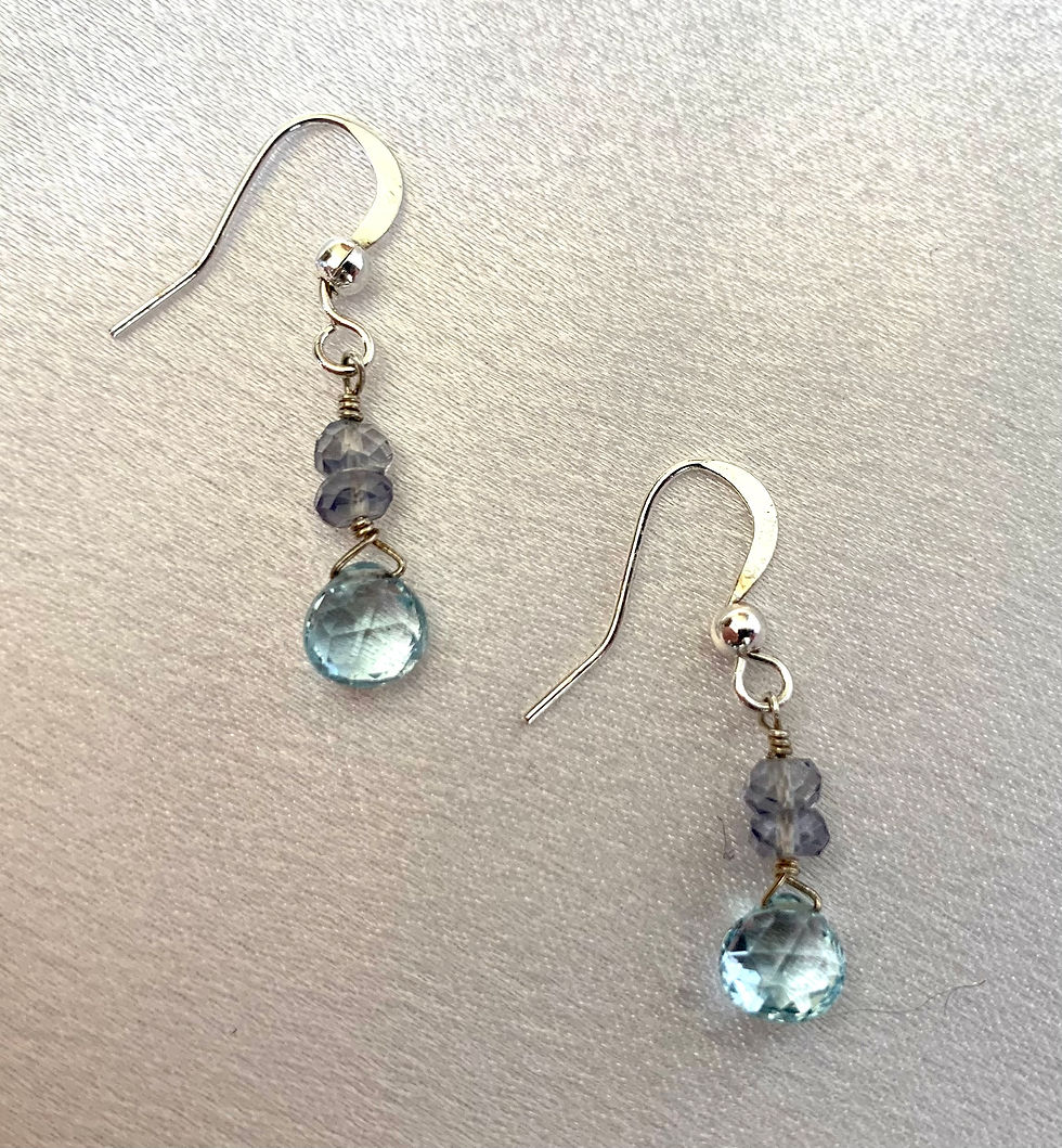 Thumbnail: These handmade gemstone earrings include a dangle of a Aquamarine topped with 2 smaller Amethyst gemstones.