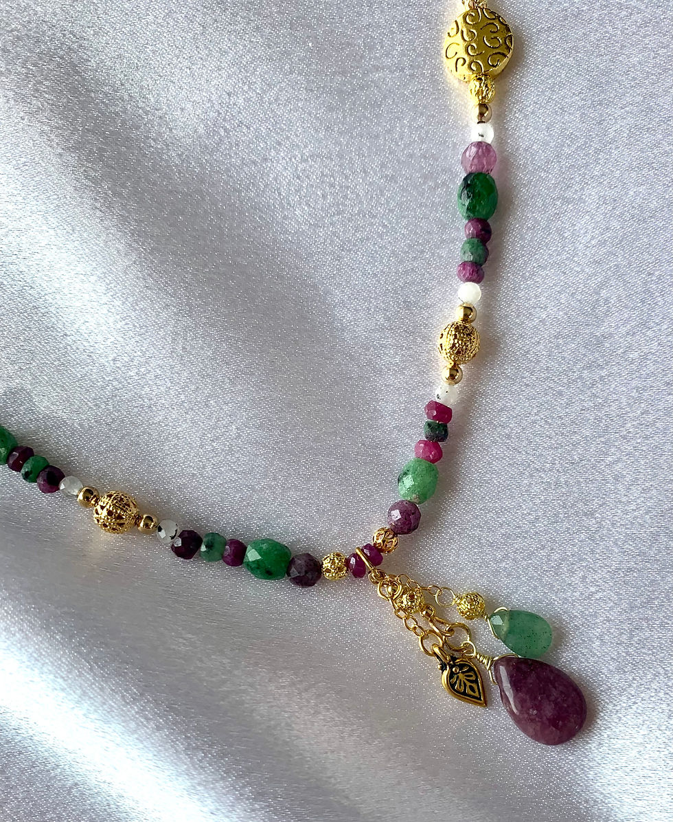 Thumbnail: This handmade gemstone necklace has Amethyst & Chalcedony dangling on a strand of multiple gemstones & gold plated beads.