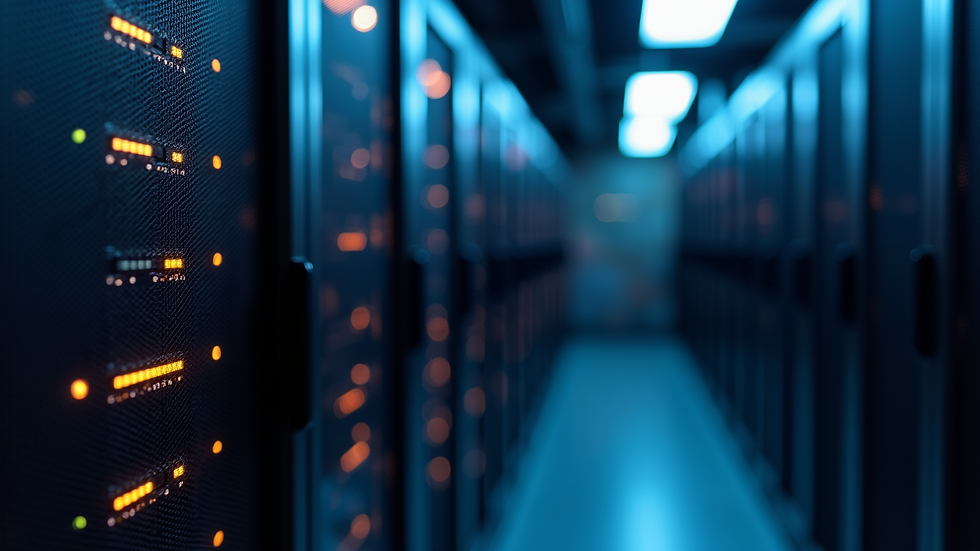 Close-up view of a server rack in a data centre with blinking lights