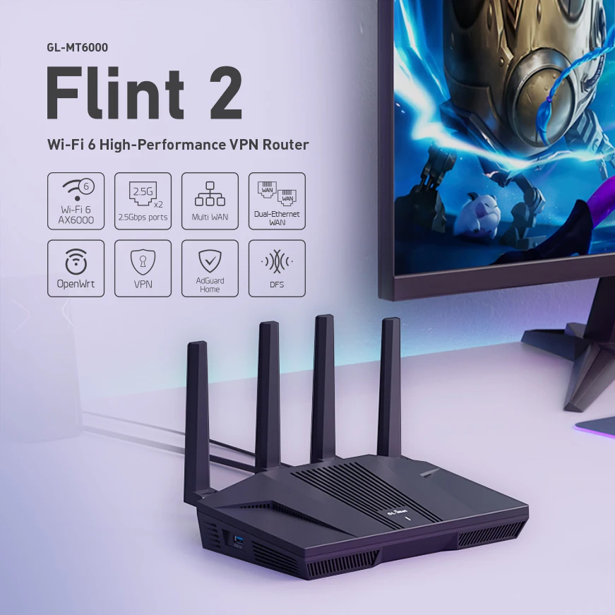 Thumbnail: GL.iNet Flint 2 (GL-MT6000) home and office router, 8-Stream Wi-Fi 6 technology,