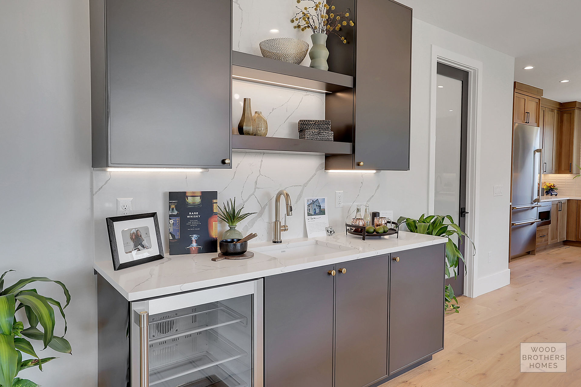 modern wet bar with grey cabinets