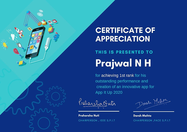 I won the 1st Prize in National Level App Development Competition 'App It Up' organized by IEEE-Sardar Patel Institute of Technology, Mumbai.