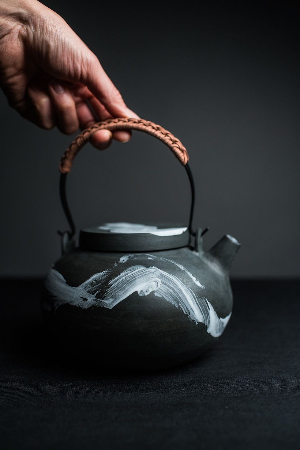 Thumbnail: *Discounted* Rounded Black Porcelain Teapot with Metal Strainer